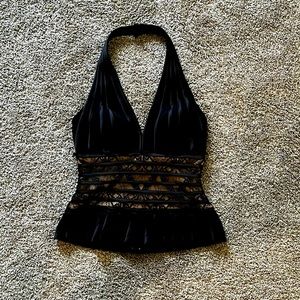 Cache Black Halter Neck Lace Trim Peplum Top